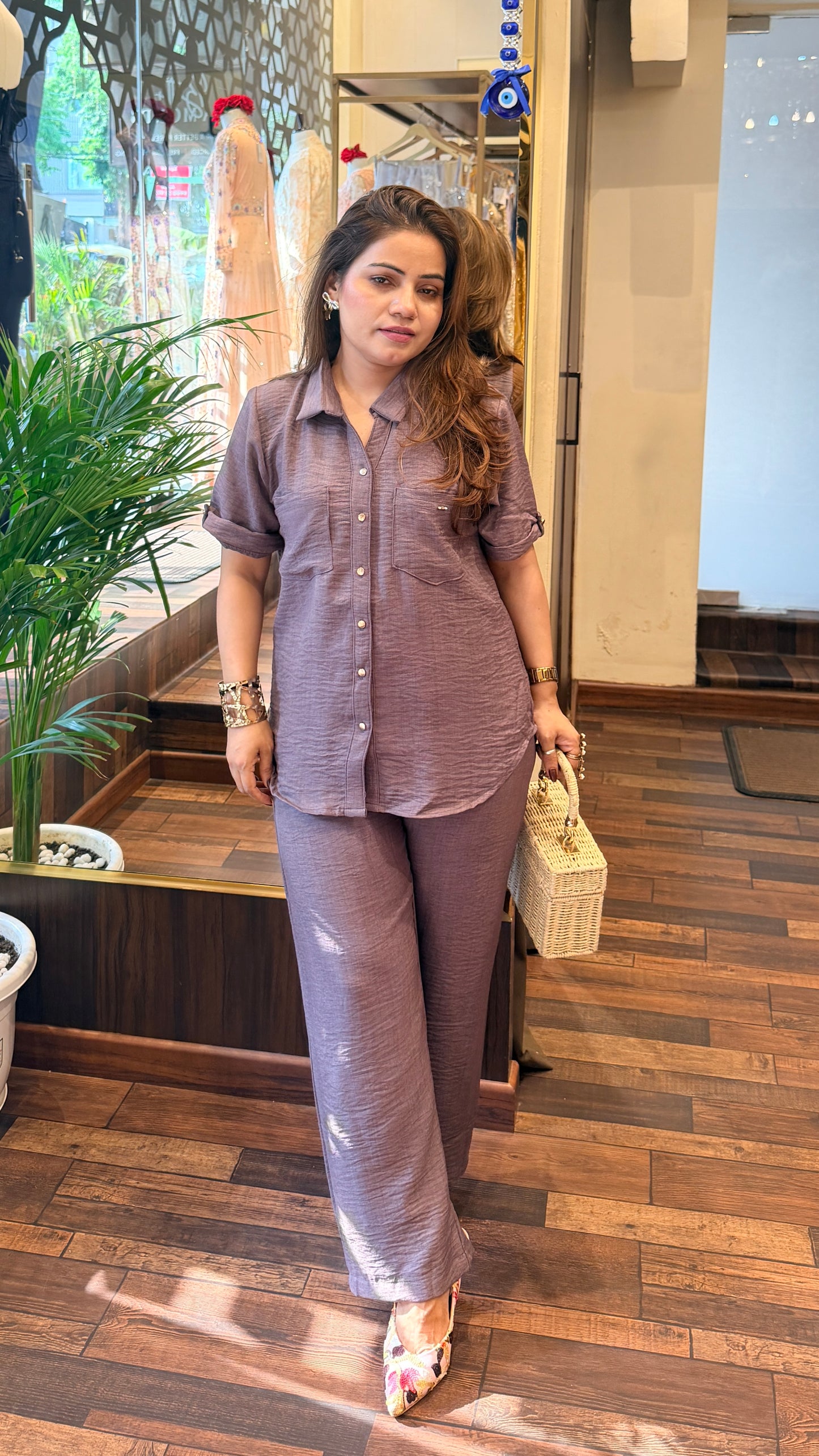 Taupe Linen Co-Ord Shirt & Wide-Leg Pants Set