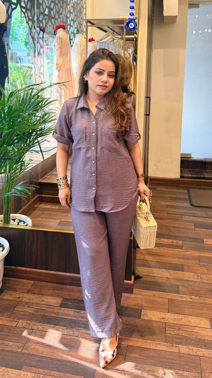 Taupe Linen Co-Ord Shirt & Wide-Leg Pants Set
