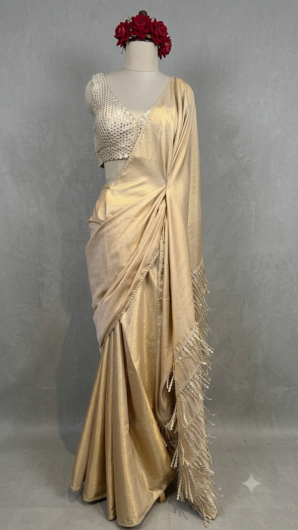 Champagne Gold Premium Tissue Cotton Saree with Sequined Blouse & Tassel Pallu