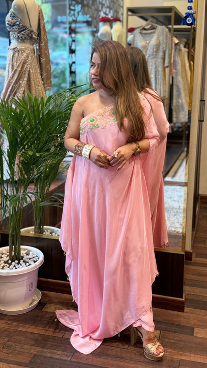 One-Shoulder Embroidered Draped Set | Blush Pink Sunset & Fuchsia Luxe Edit