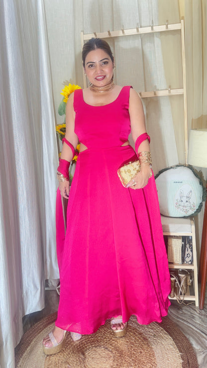 Hot Pink Flared Cut-Out Anarkali Dress