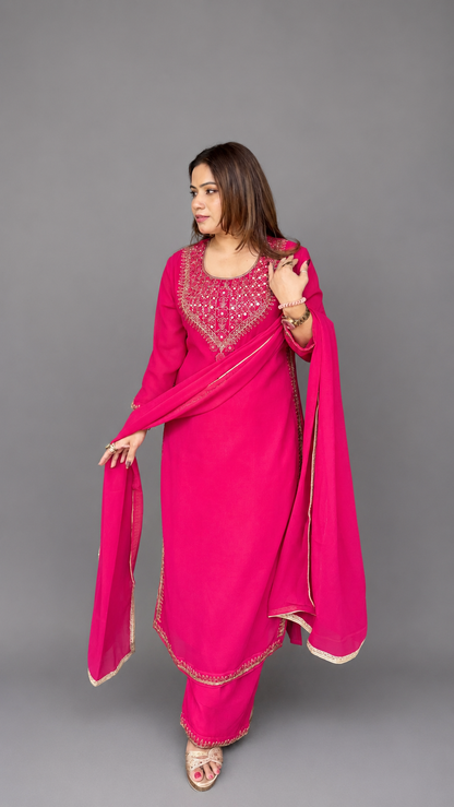 Cherry Red Embroidered Kurta Set with Dupatta