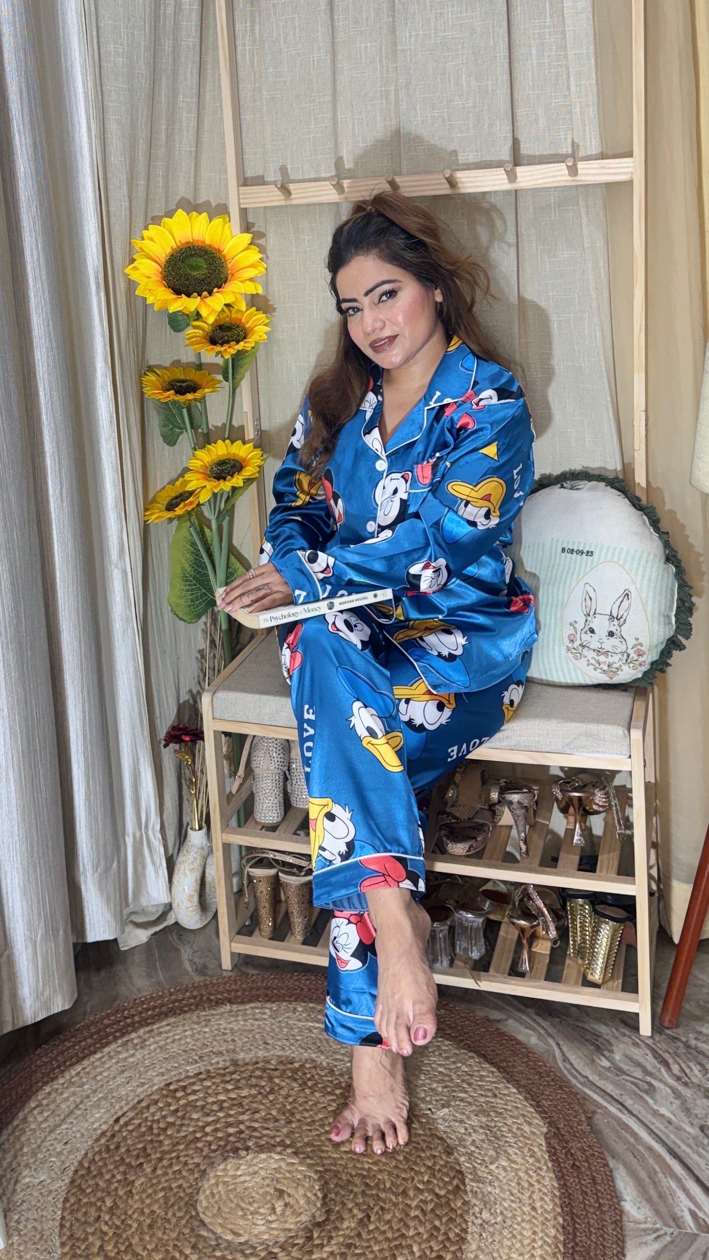 Blue Cartoon Print Satin Night Suit Set