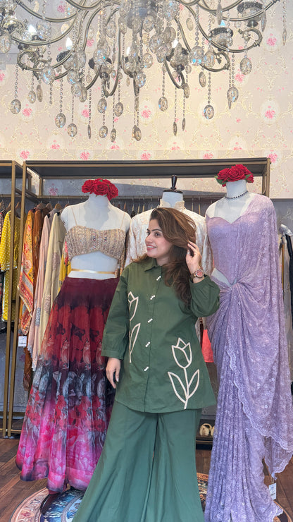 Olive Green Floral Appliqué Shirt Kurta Set with Palazzo Pants | Premium Cotton Co-Ord Set for Women