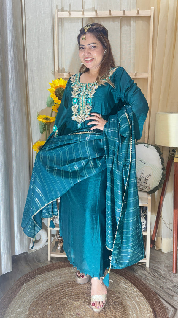 Teal Green Embroidered Kurta Set with Dupatta