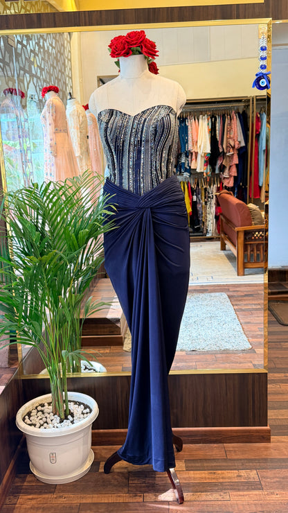 Midnight Navy Embellished Corset with Draped Skirt Set