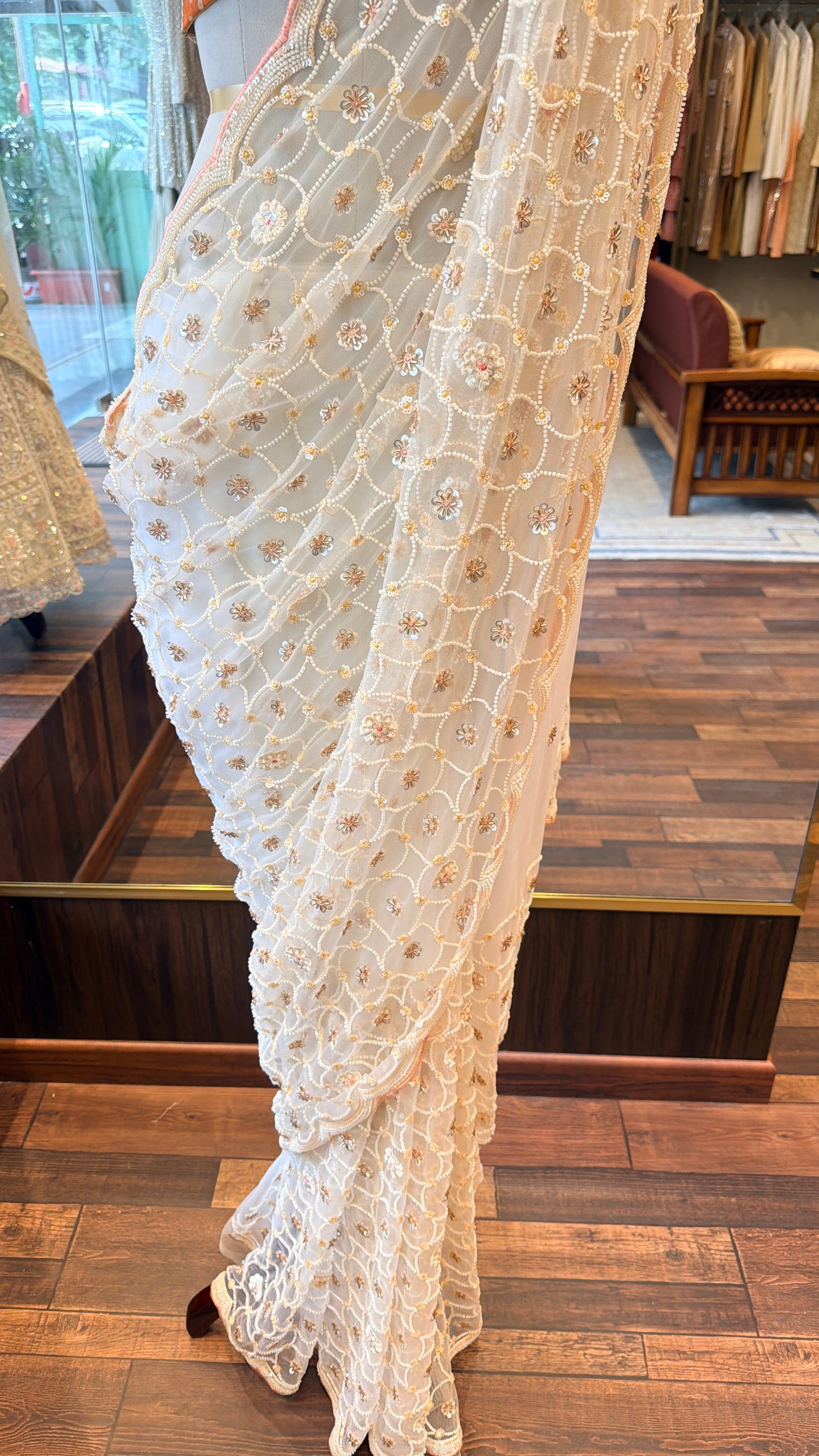 Ivory Embroidered Net Saree with Designer Blouse | Luxury Party Wear Saree | South Delhi Boutique Collection