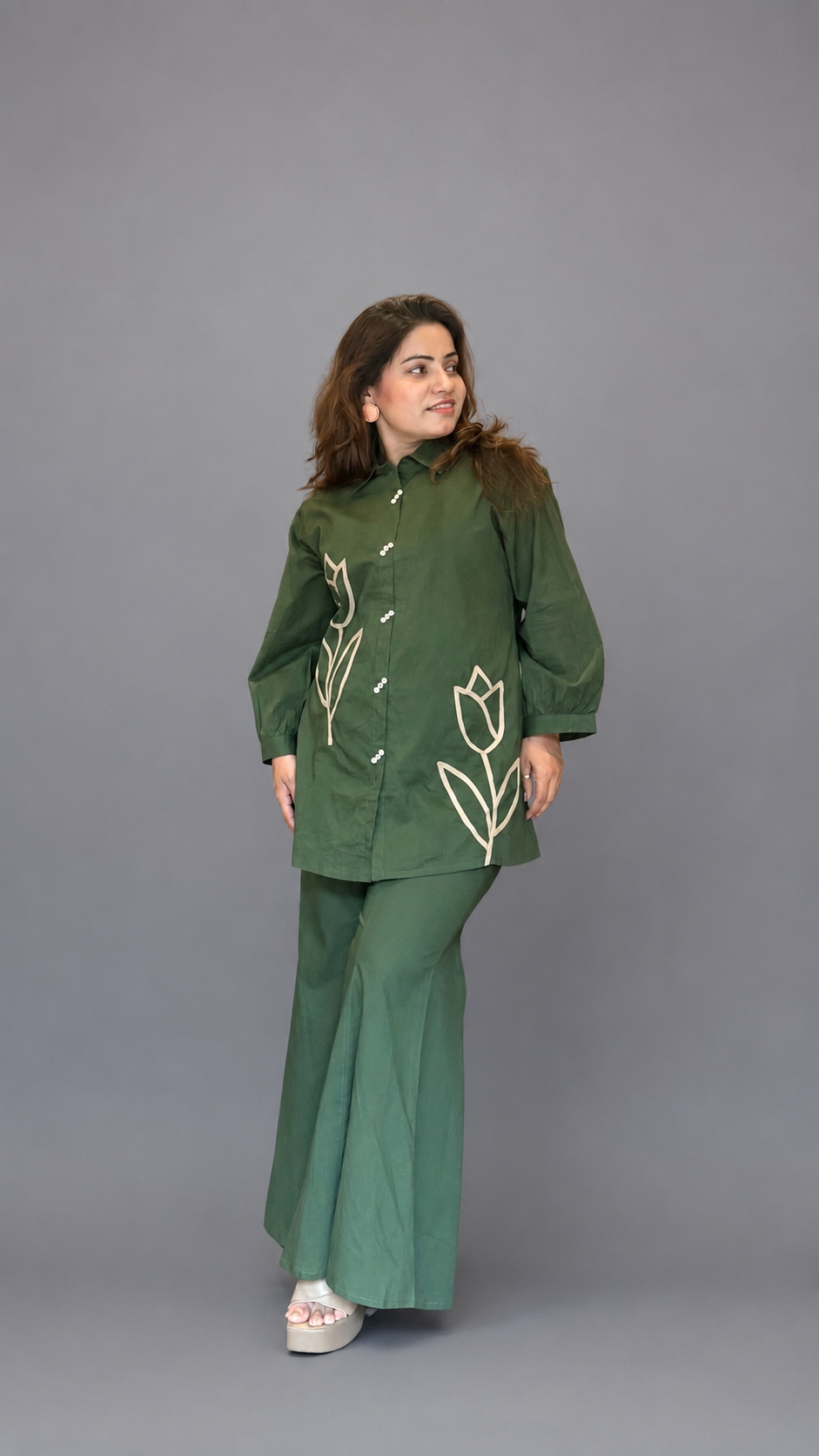 Olive Green Floral Appliqué Shirt Kurta Set with Palazzo Pants | Premium Cotton Co-Ord Set for Women