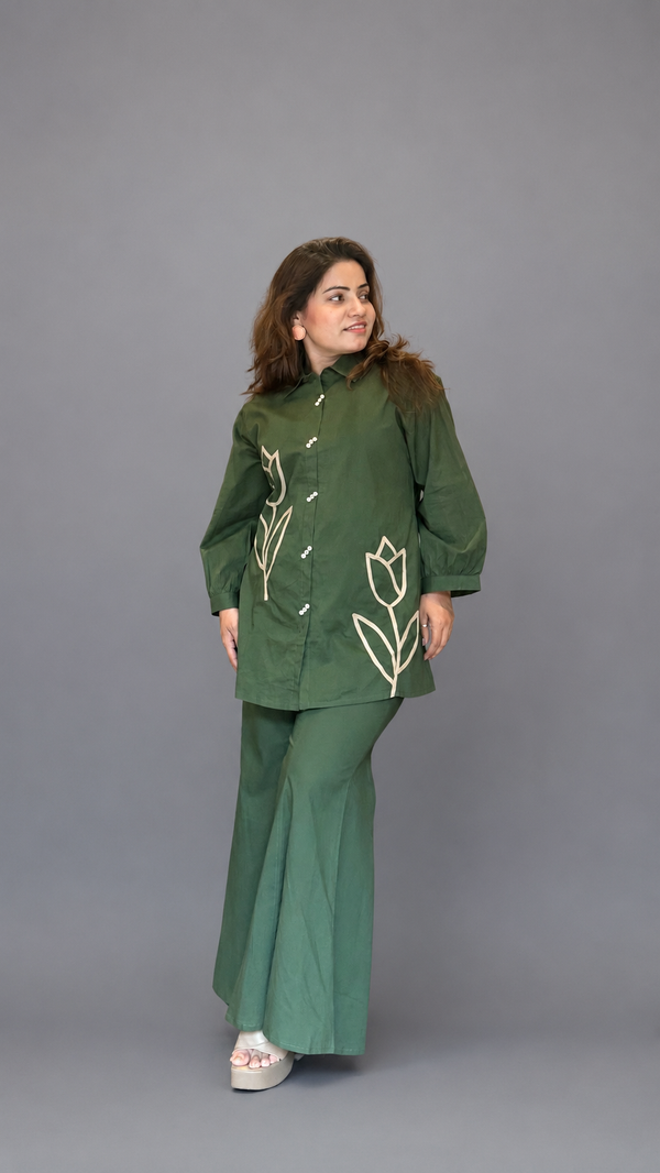 Olive Green Floral Appliqué Shirt Kurta Set with Palazzo Pants | Premium Cotton Co-Ord Set for Women