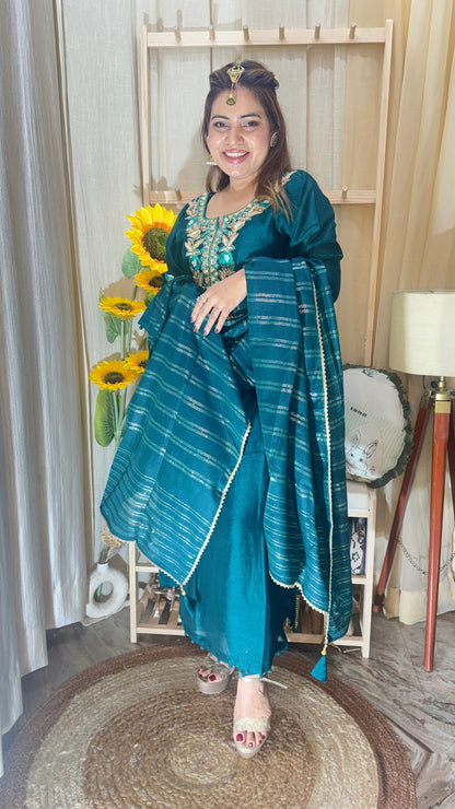 Teal Green Embroidered Kurta Set with Dupatta