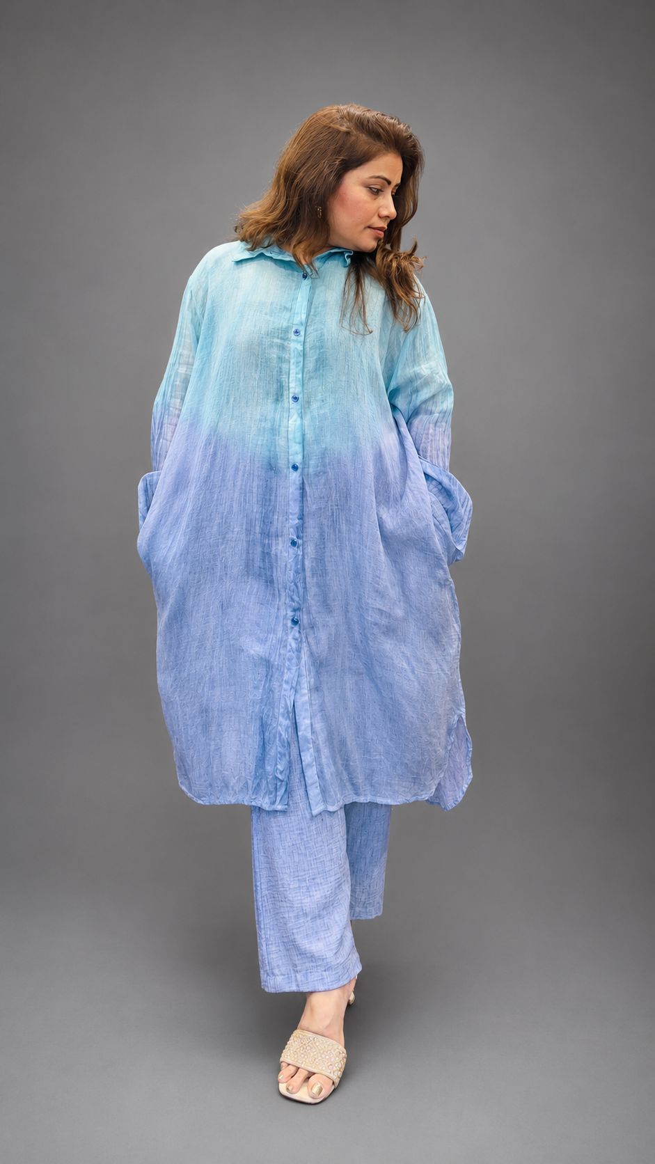 Pure Handwoven Mul Cotton Ombre Long Shirt