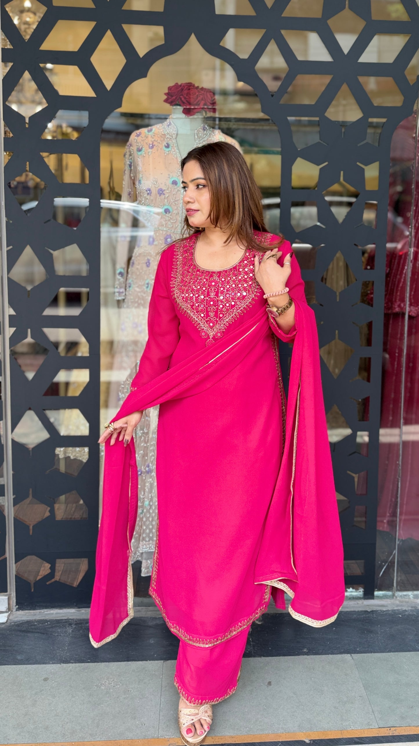 Cherry Red Embroidered Kurta Set with Dupatta