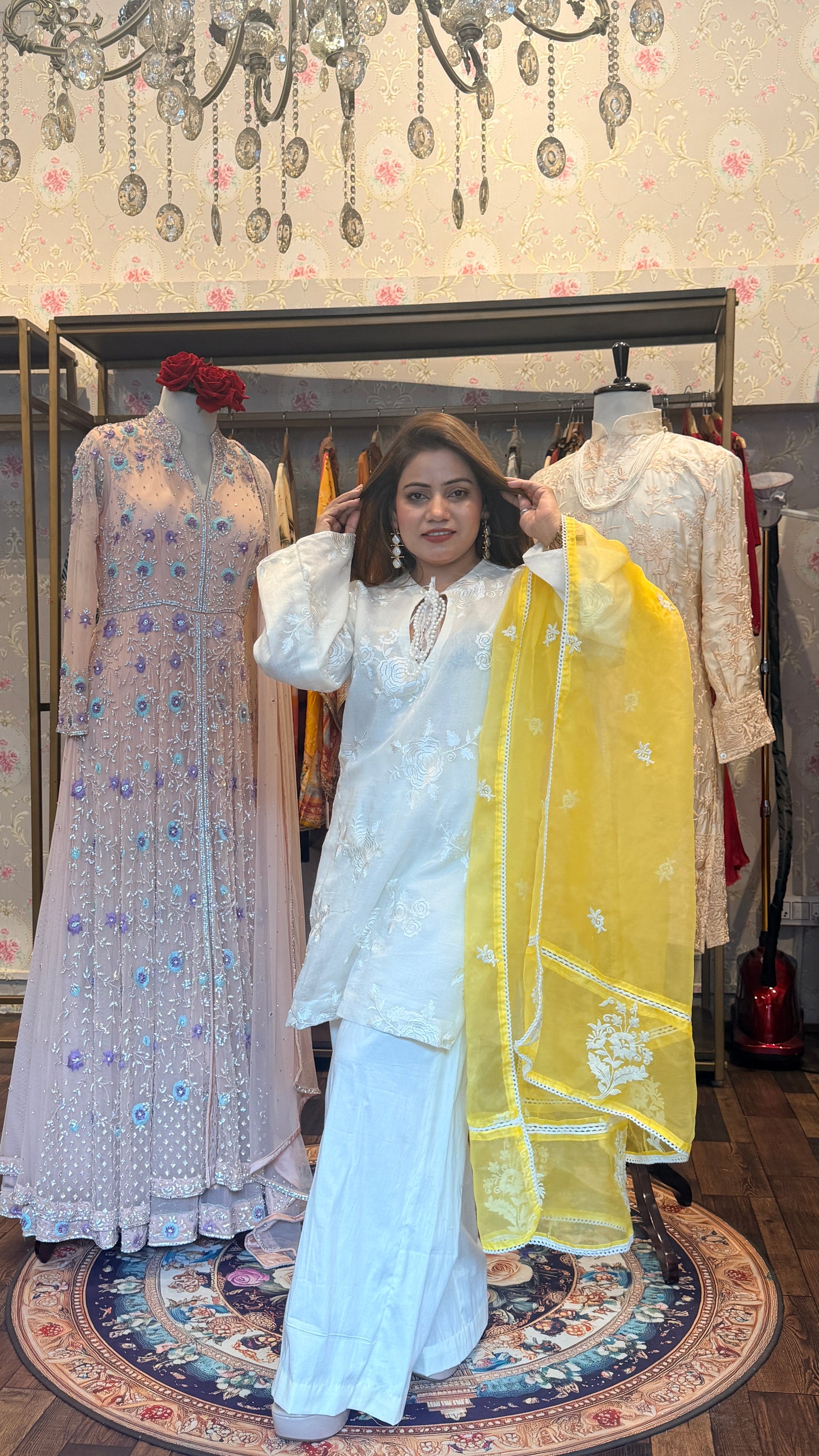 White Embroidered Kurta Sharara Set with Yellow Organza Dupatta – 3 Piece Set