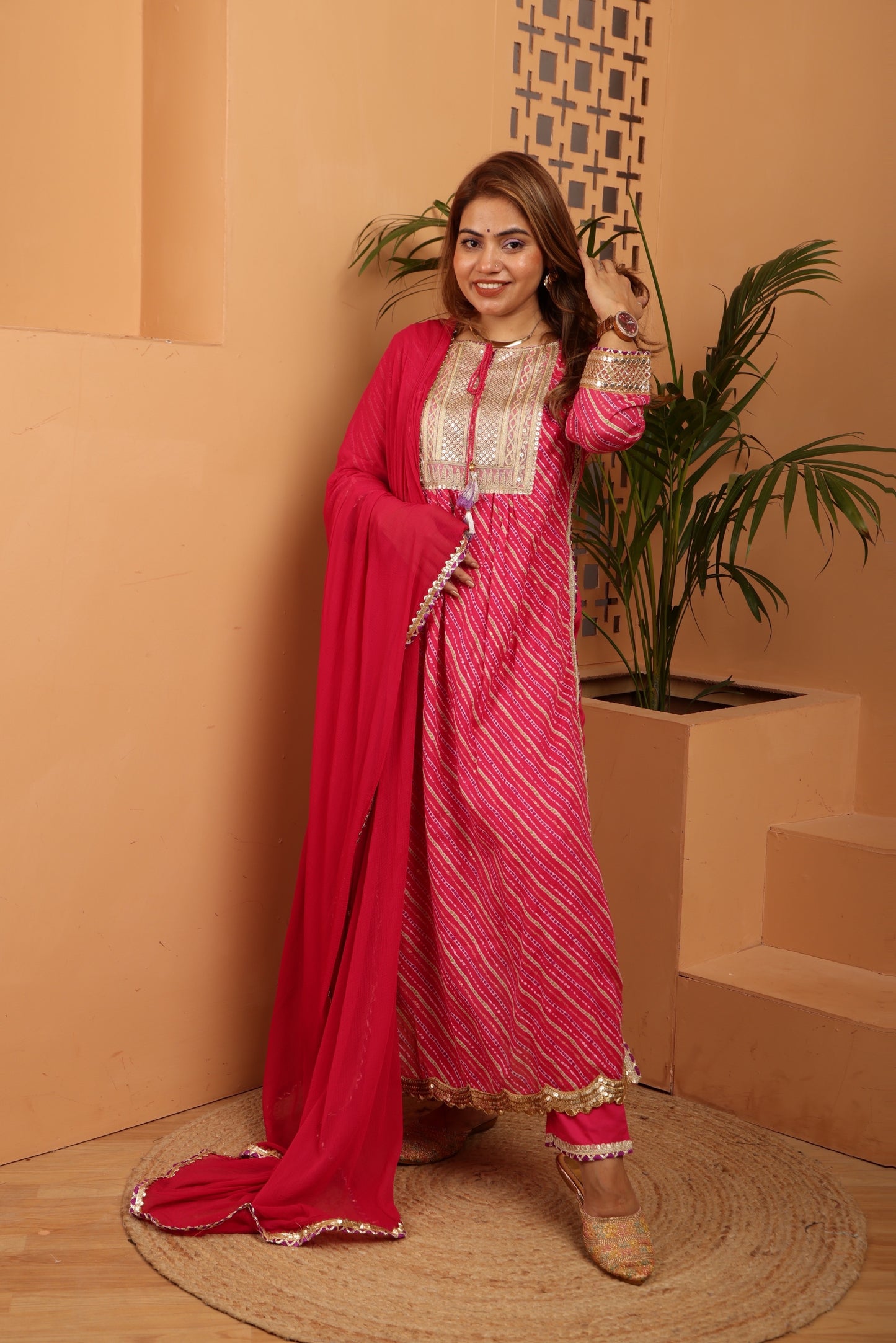 Bandhani print 
Pink and Blue Suit set