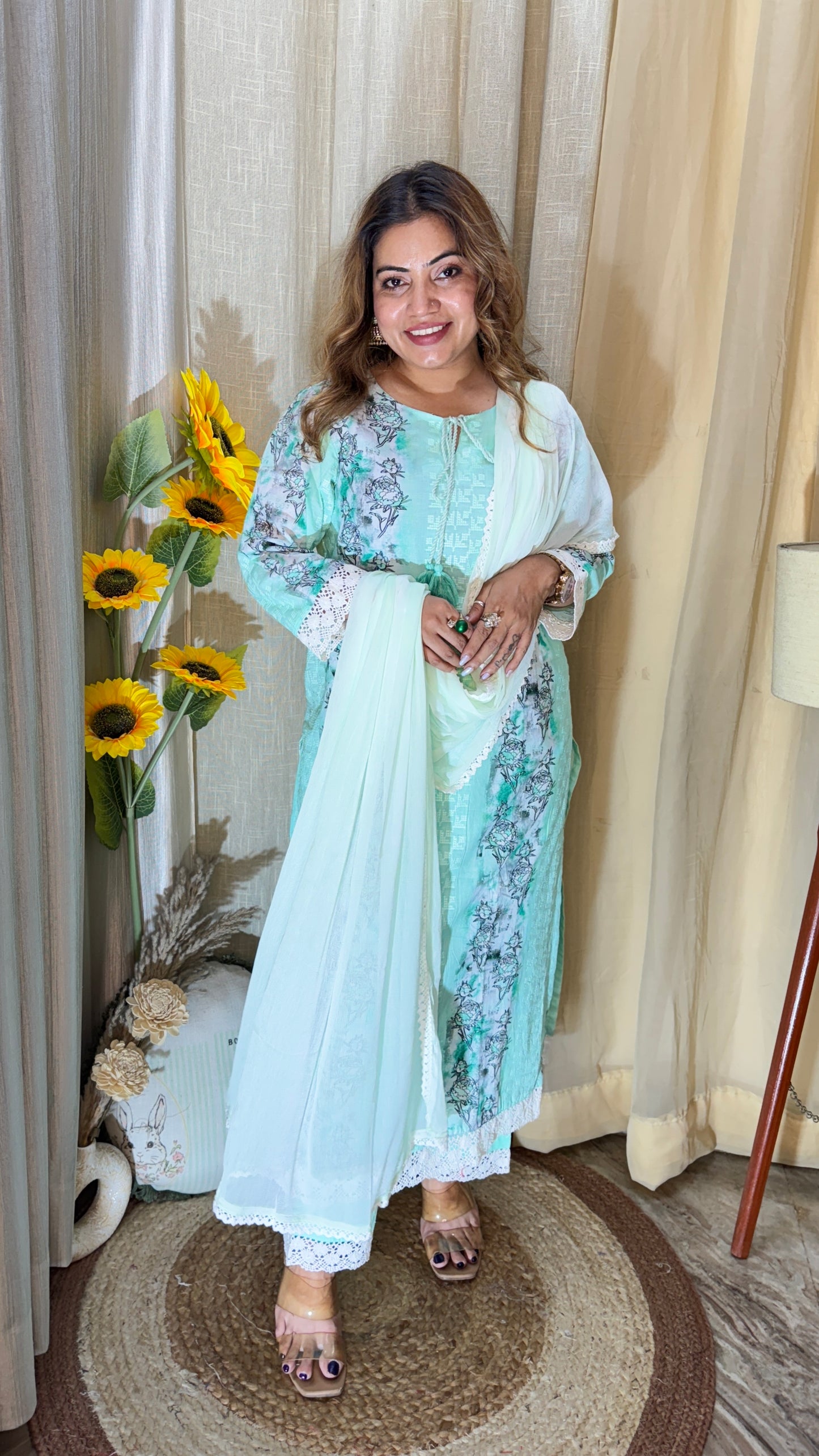 Mint Floral printed Cotton Kurta Set