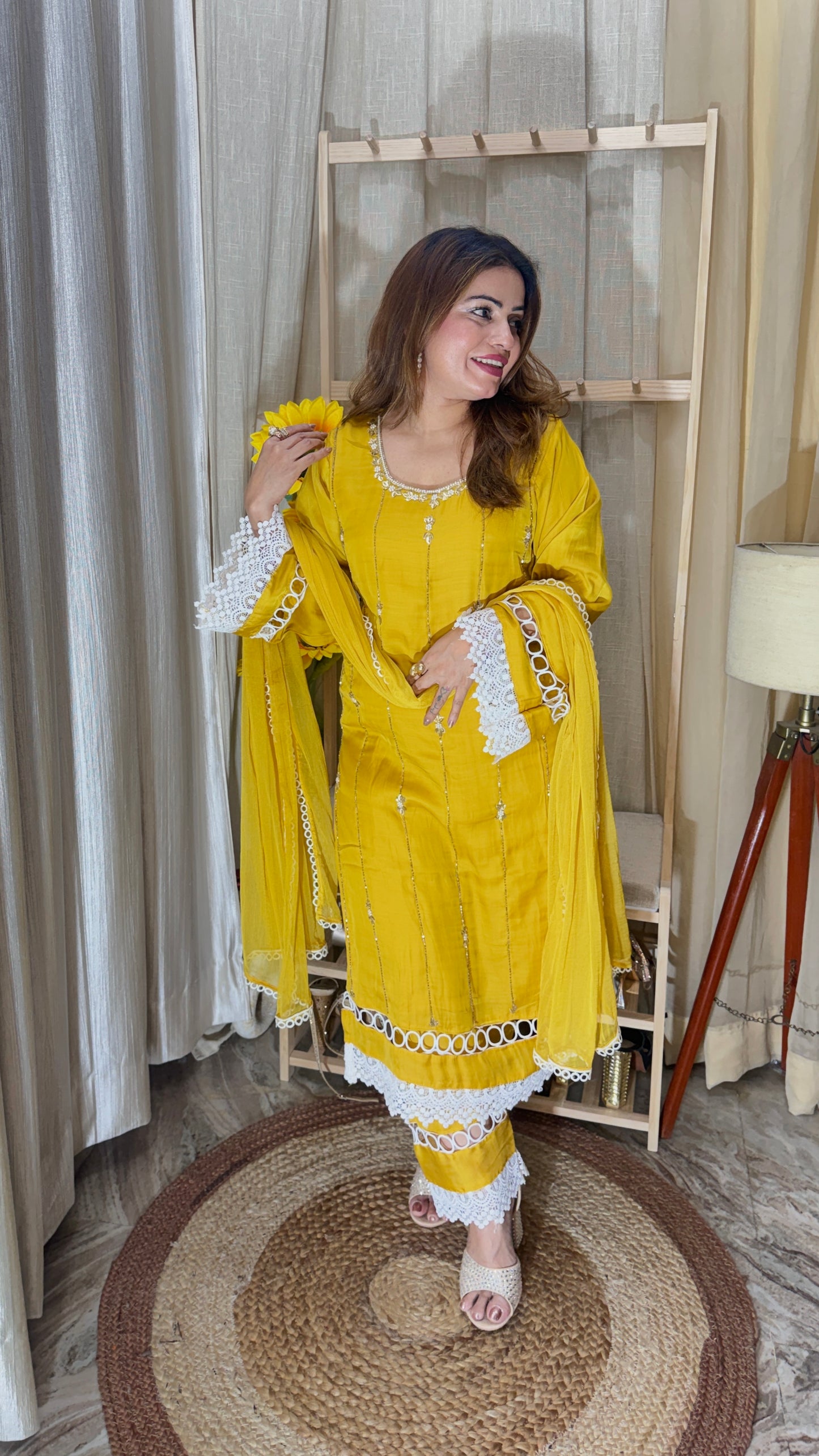 Sunshine Yellow Lace-Detail Kurta Set – 3 Piece
