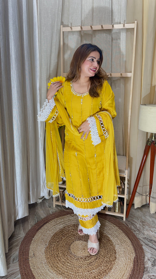 Sunshine Yellow Lace-Detail Kurta Set – 3 Piece