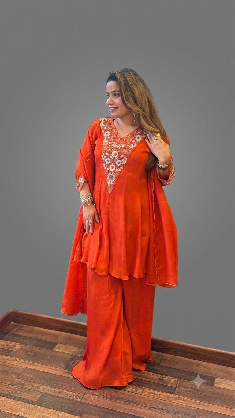 Orange Embroidered Kurta Set with Dupatta