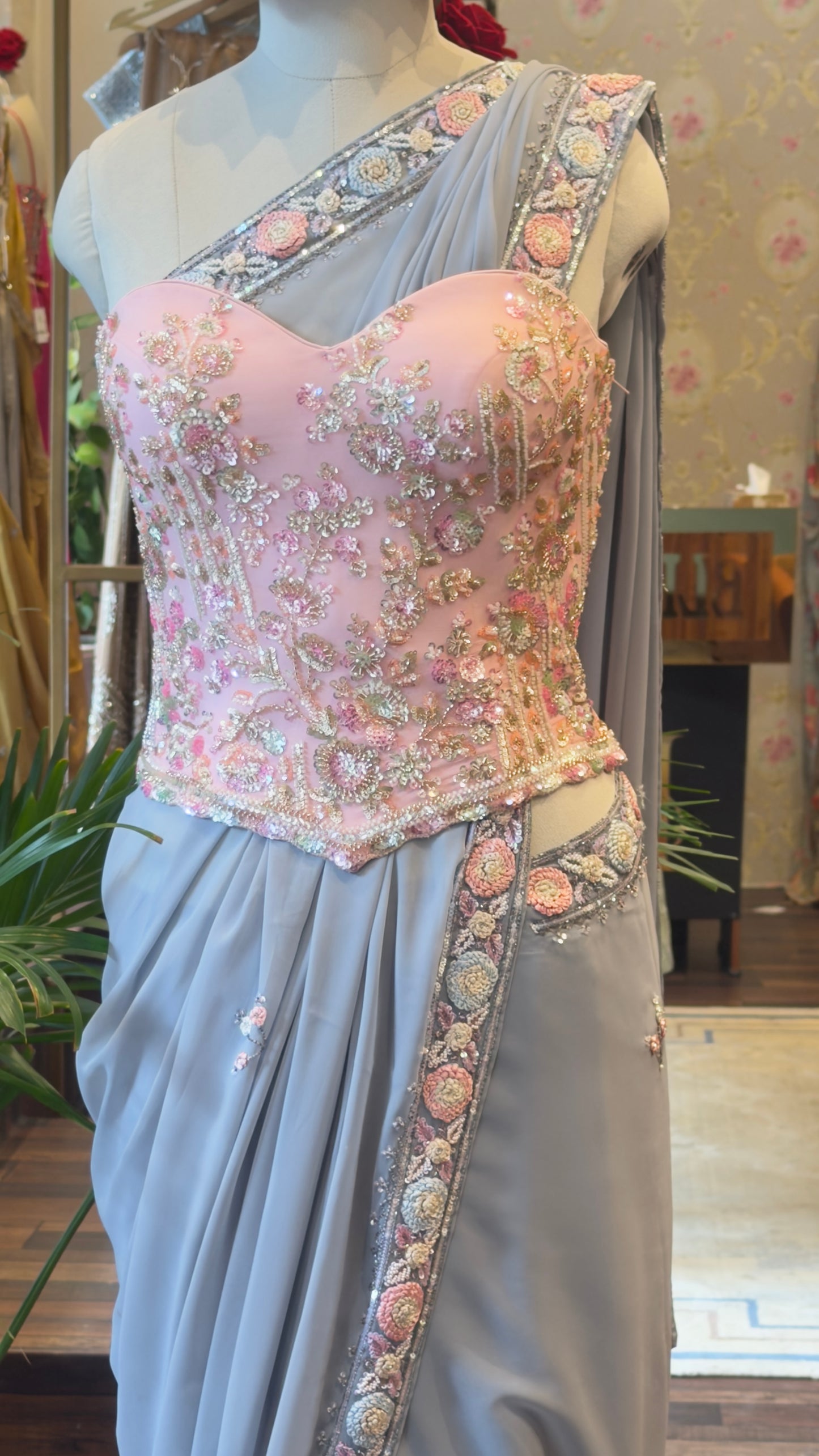 Grey Draped Saree with Hand-Embroidered Blush Pink Corset