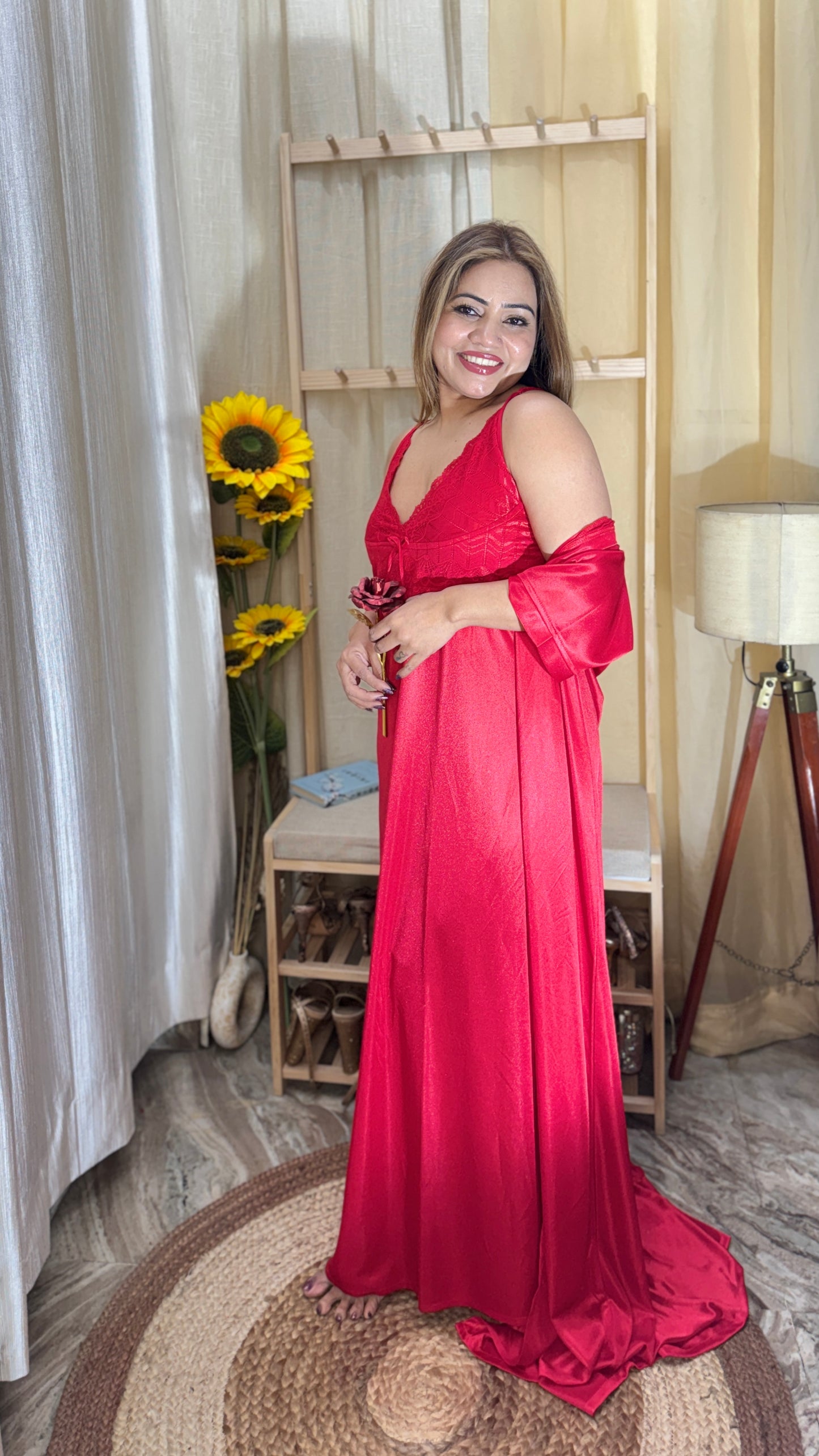 Luxury Red Satin Nighty with Robe – Lace Detail Nightwear Set