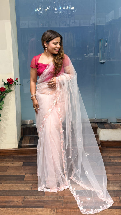 Soft Pink Net Saree with Floral Embroidery & Designer Blouse