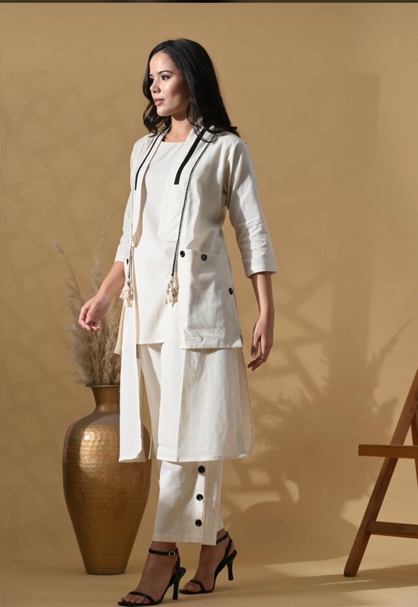 3pc set Ivory Linen Overlay Jacket Co-ord Set for Women