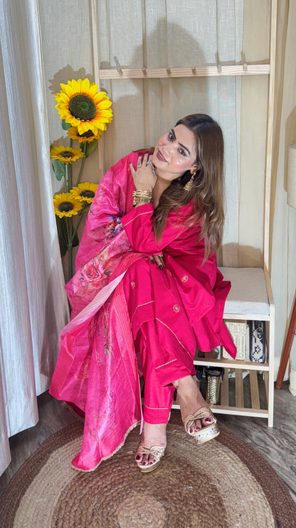Hot Pink Embroidered Kurta Set with Floral Dupatta