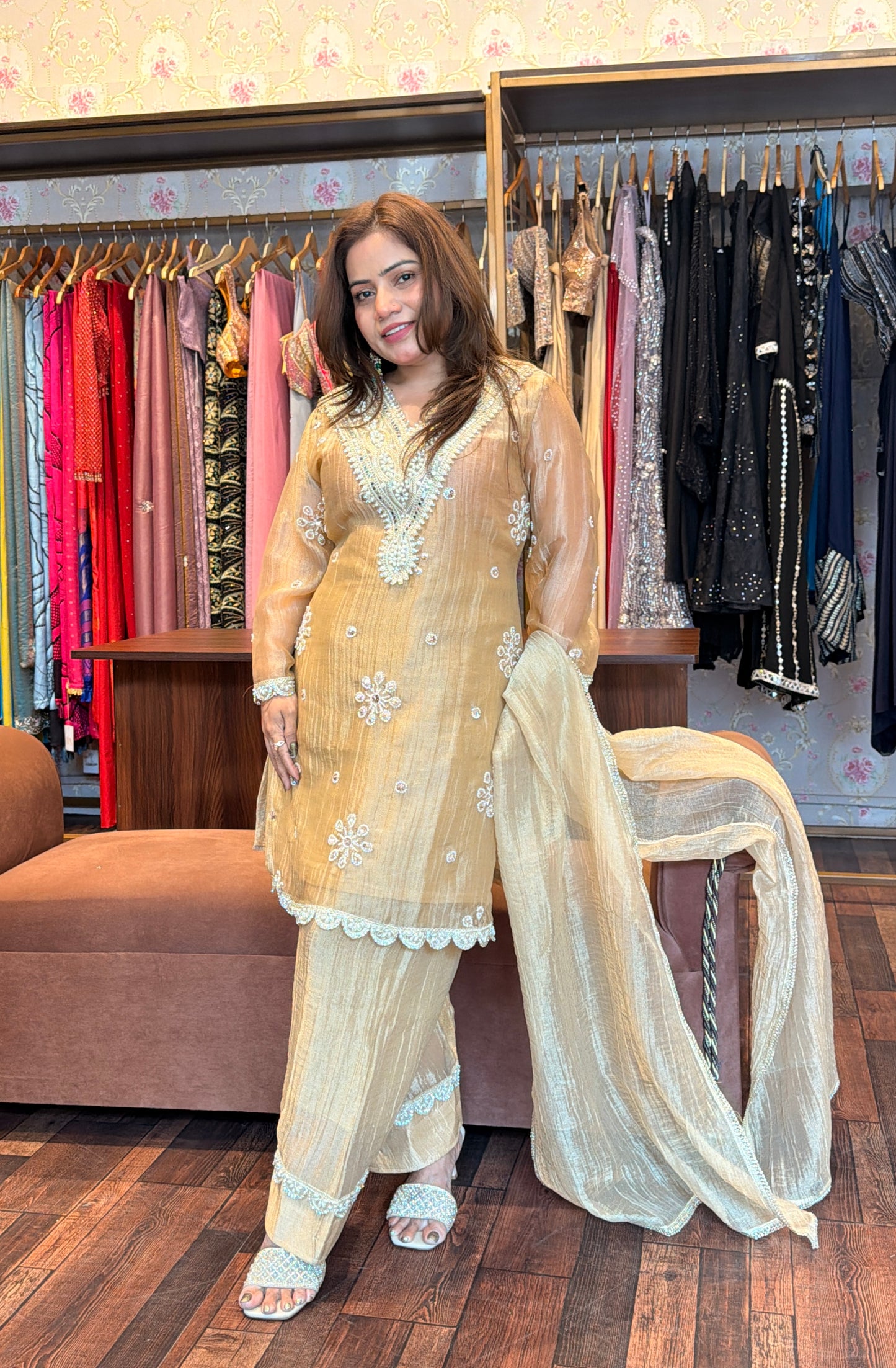 Champagne Crinkle Tissue Farsi Salwar Set