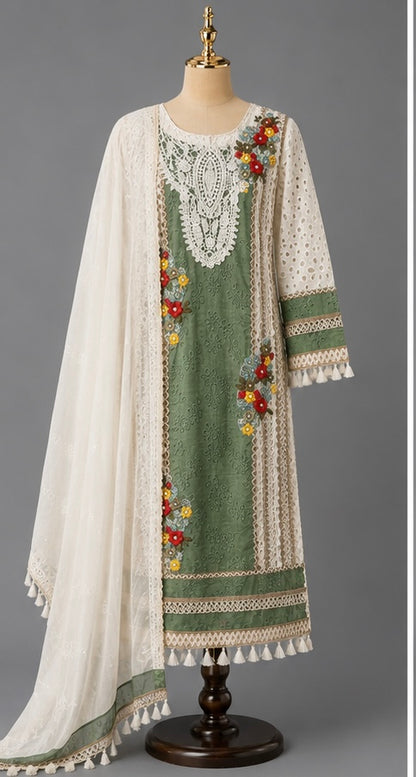 Bling by Anjali – Sage Green Cotton Chikankari Suit Set