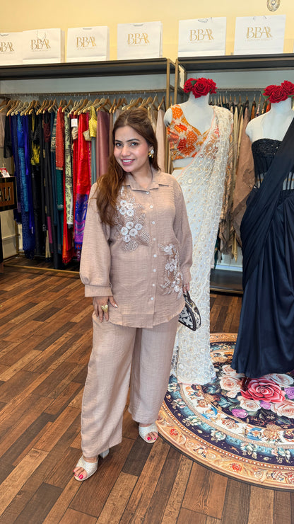 Linen Embroidered Co-Ord Set for Women | Premium Shirt & Pant Set | Bling by Anjali