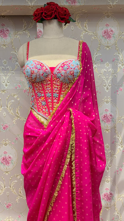Hot Pink Pre-Draped Saree with Hand Embroidered Corset Blouse