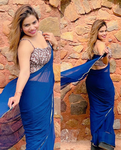 Blue chiffon saree with printed blouse