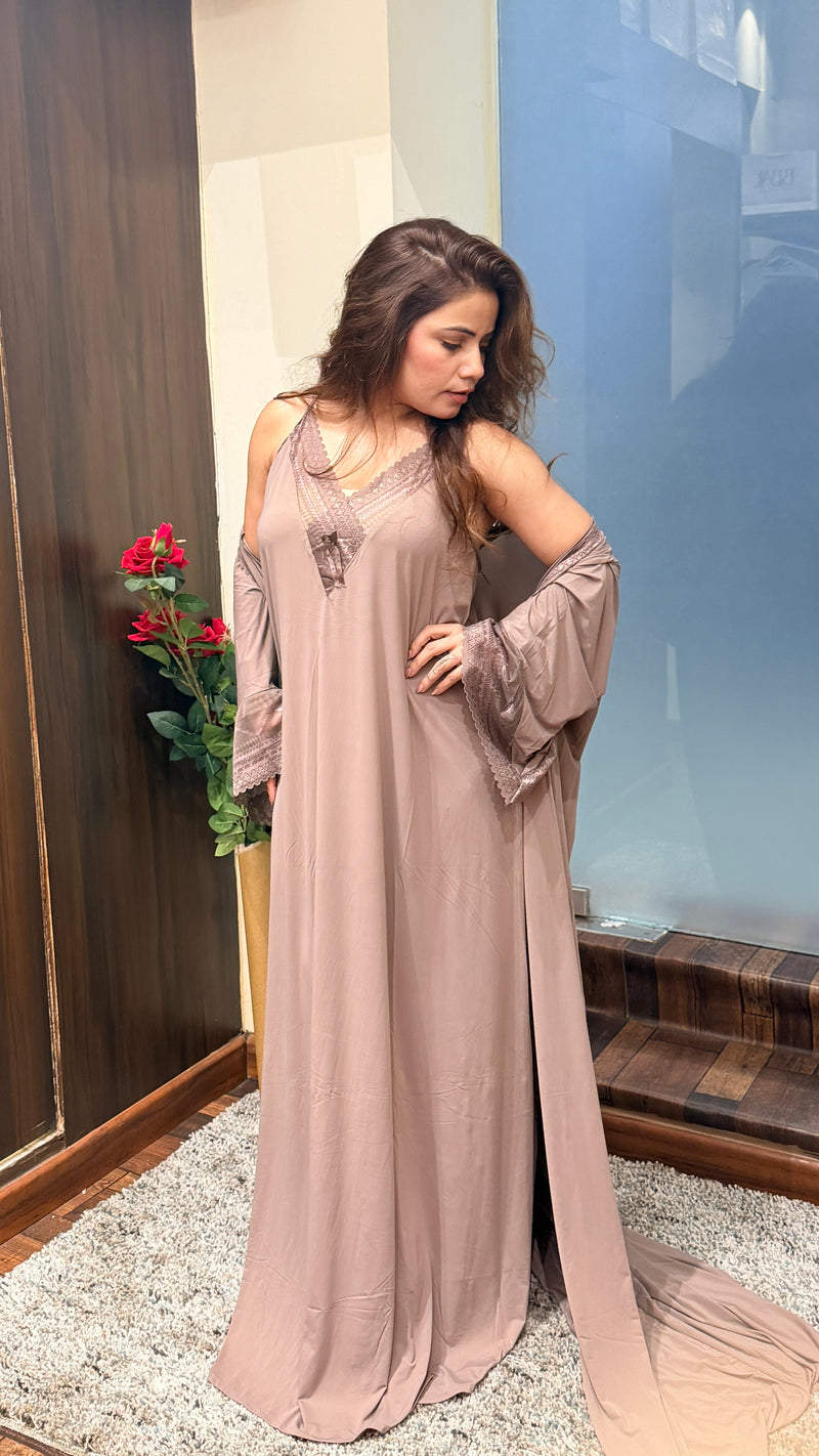 Mocha Satin Lace Nightwear Set with Robe | Luxury Bridal Lounge Wear | Designer Night Suit Delhi