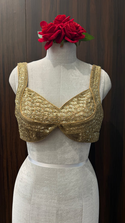 Antique Gold Sequin-Embroidered Bralette Blouse - Designer Sweetheart Neckline for Wedding Wear