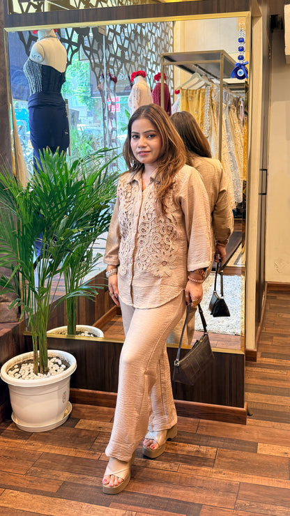 Beige Linen Co-Ord Set with Lace Embroidered Shirt