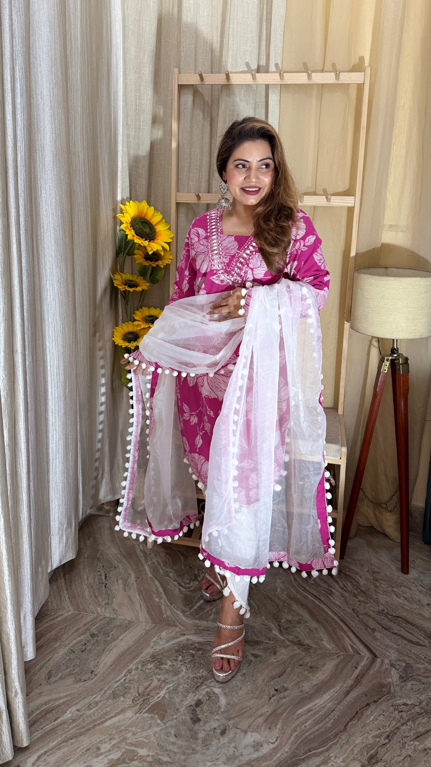 Pink Floral Printed Kurta Set with Organza Pom-Pom Dupatta