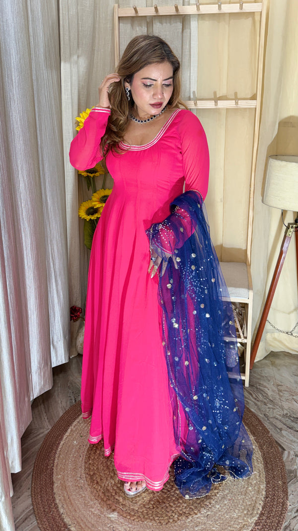 Hot Pink Anarkali Kurta Set with Navy Blue Sequins Dupatta