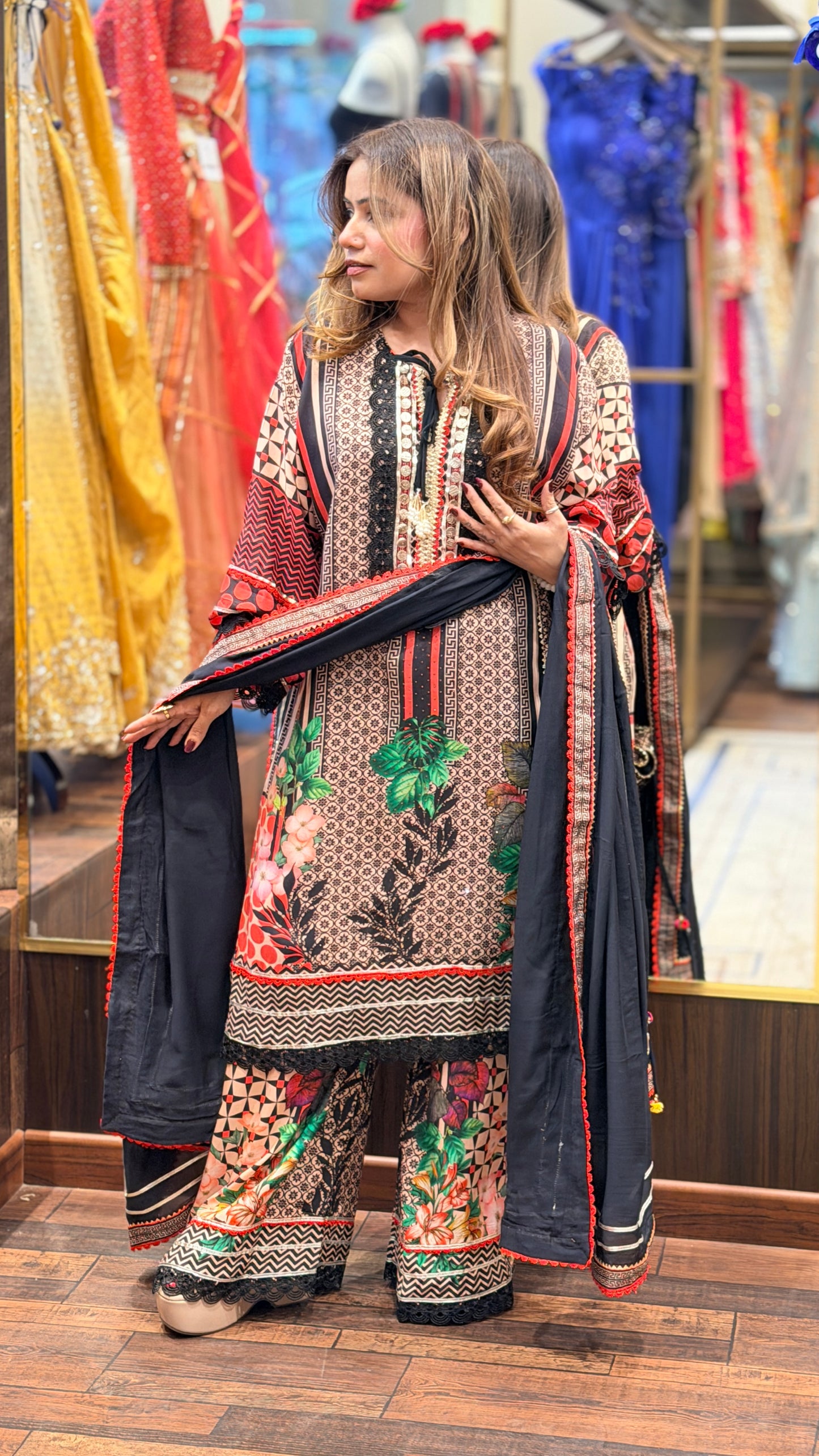 Black Multi-Print Kurta Set with Dupatta & Plaza Pants