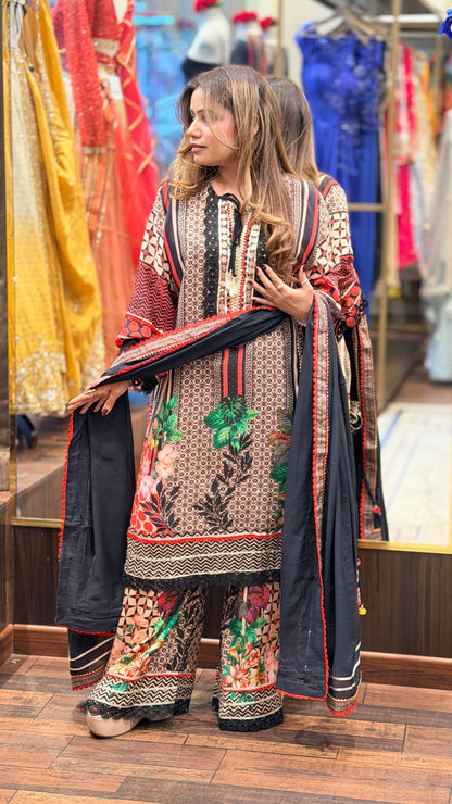 Black Multi-Print Kurta Set with Dupatta & Plaza Pants