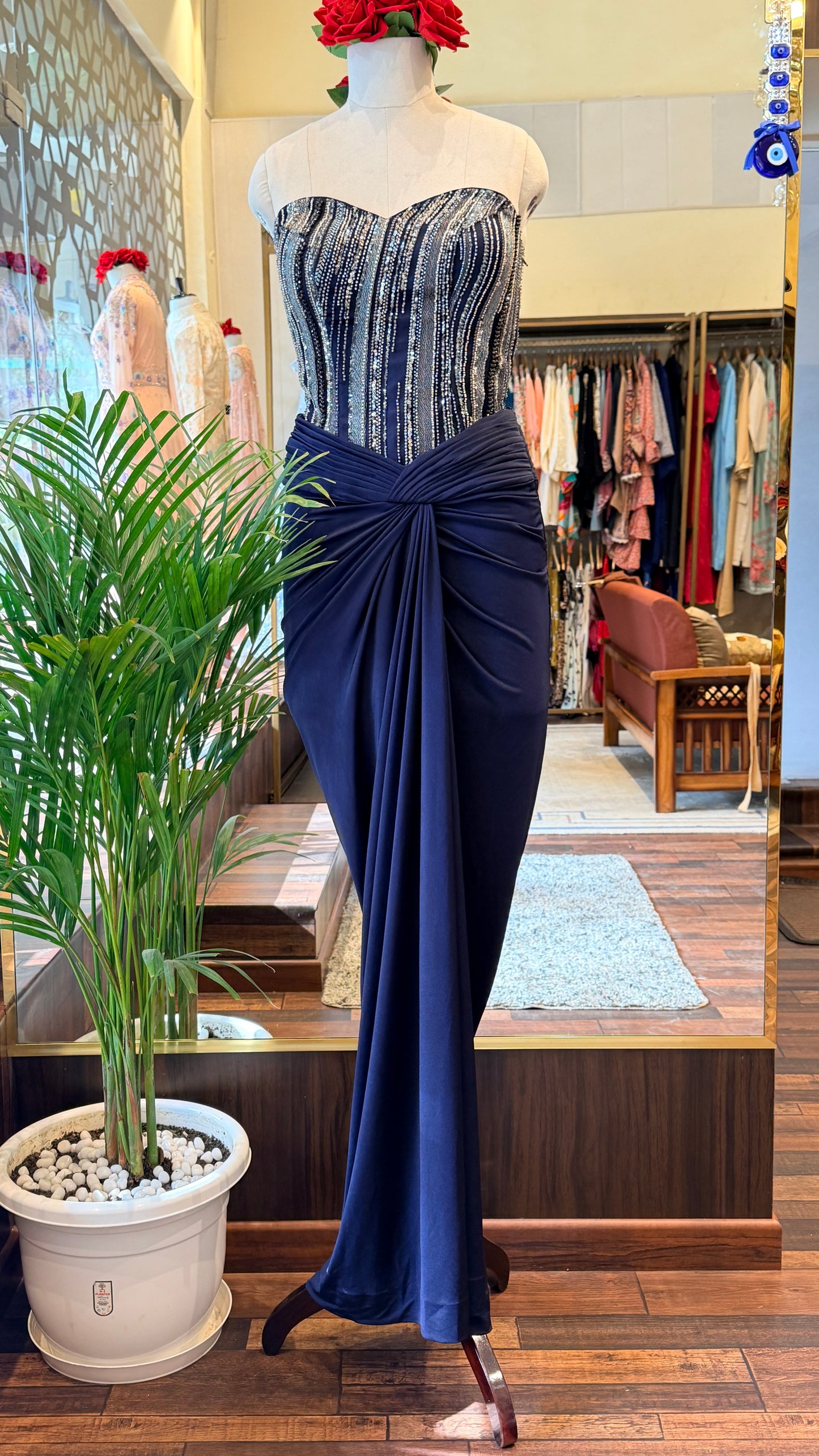 Midnight Navy Embellished Corset with Draped Skirt Set