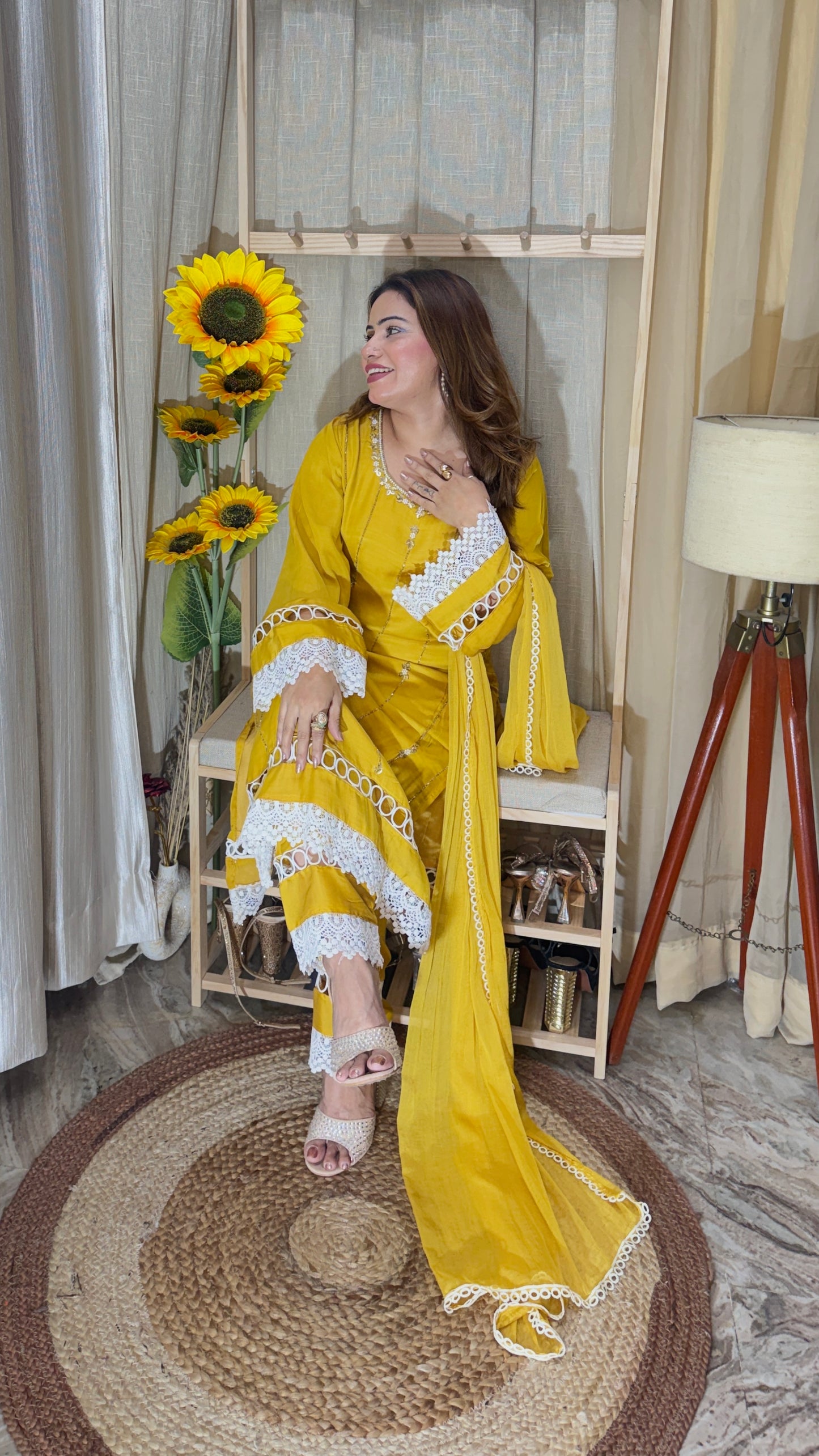 Sunshine Yellow Lace-Detail Kurta Set – 3 Piece