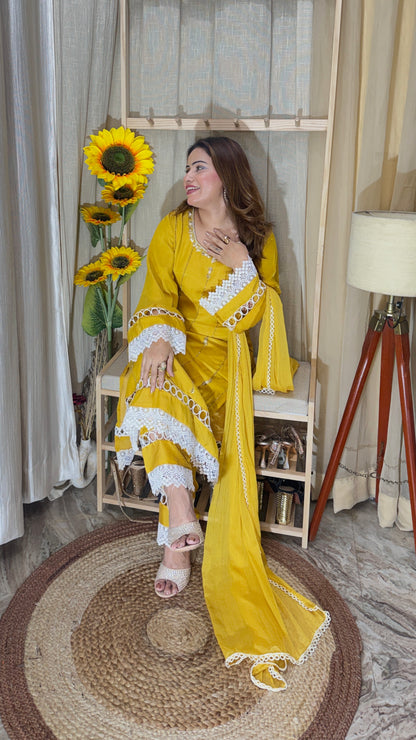 Sunshine Yellow Lace-Detail Kurta Set – 3 Piece