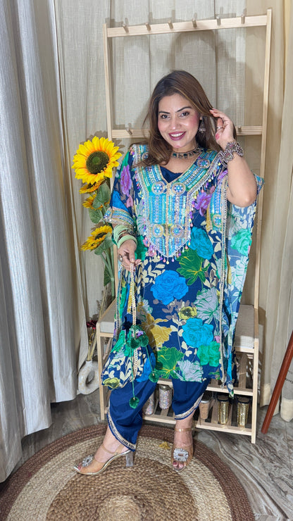 Embellished Floral Kaftan Set with Pants & Potli Bag