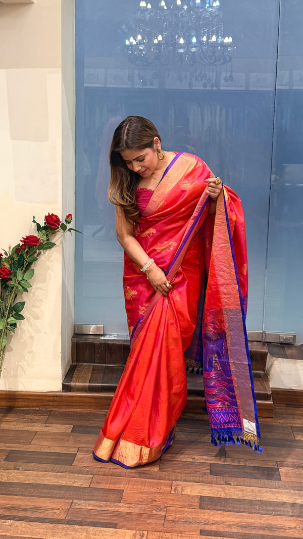 Rani Pink Banarasi Silk Saree with Royal Blue Border & Zari Weaving
