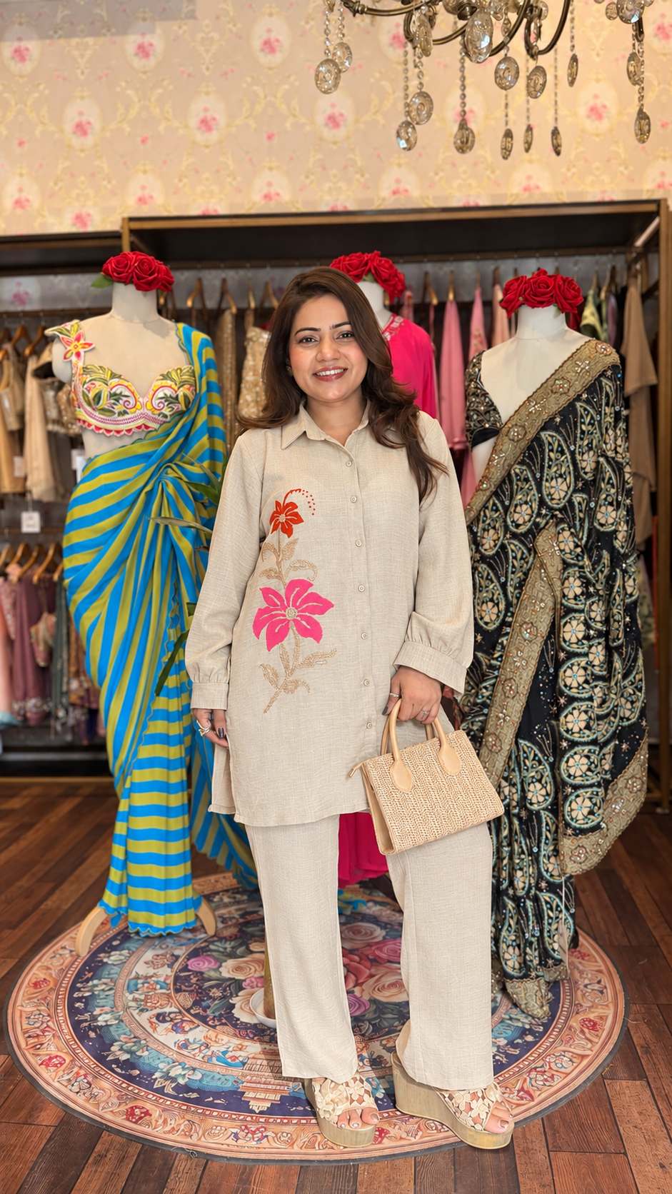 Floral Threadwork Selv Linen Co-Ord Set