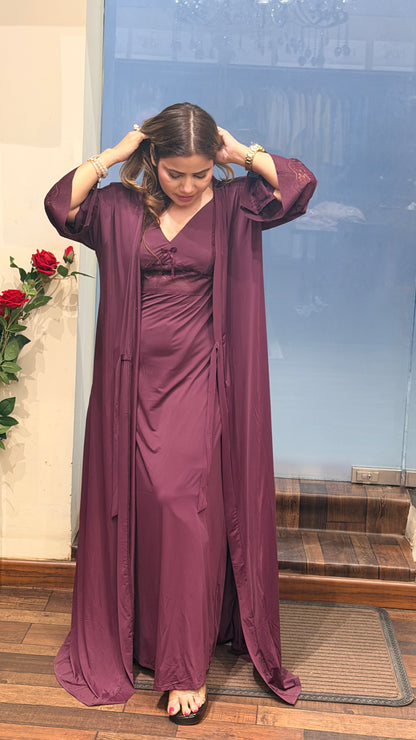 Luxury Satin Nightwear Set with Long Robe – Wine Plum