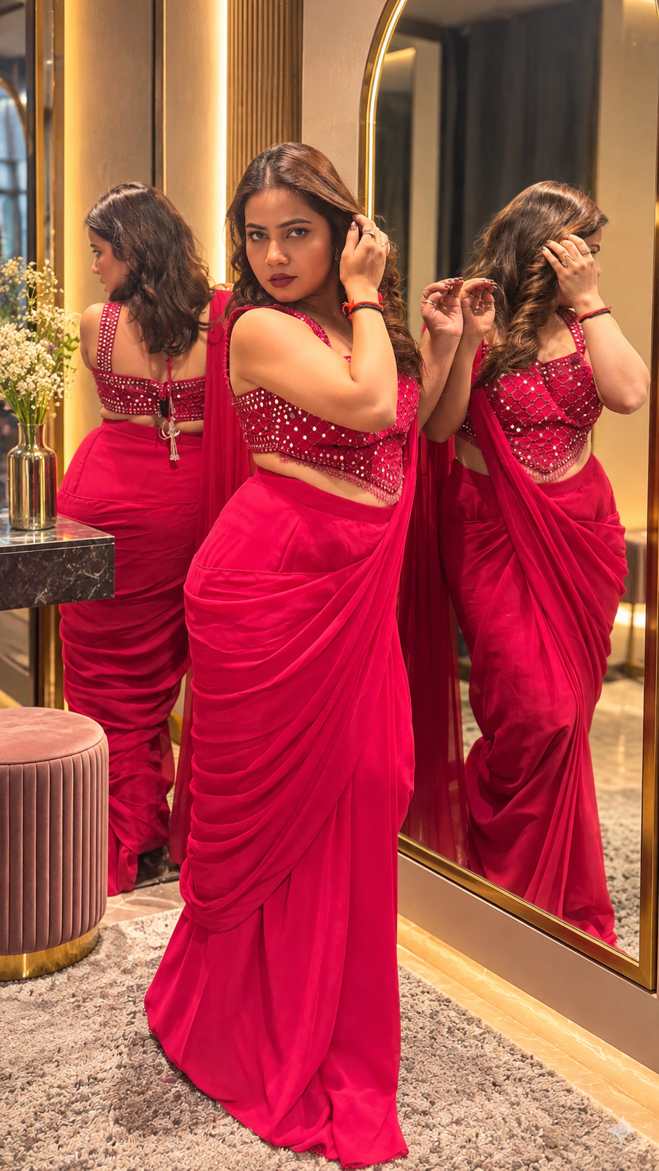 Luxury Fuchsia Pink Pre-Draped Saree