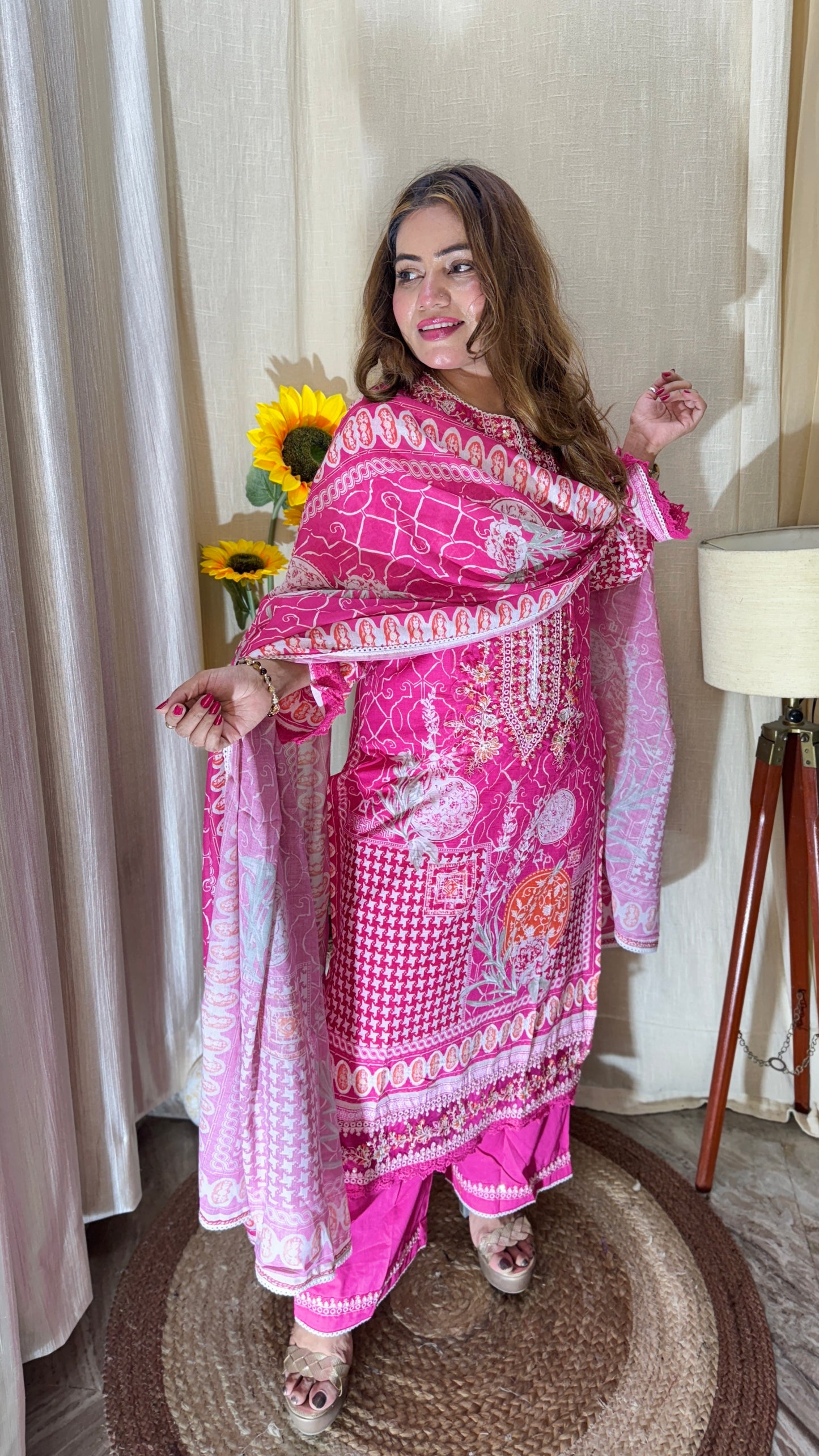 Fuchsia Bloom Embroidered Cotton Suit set