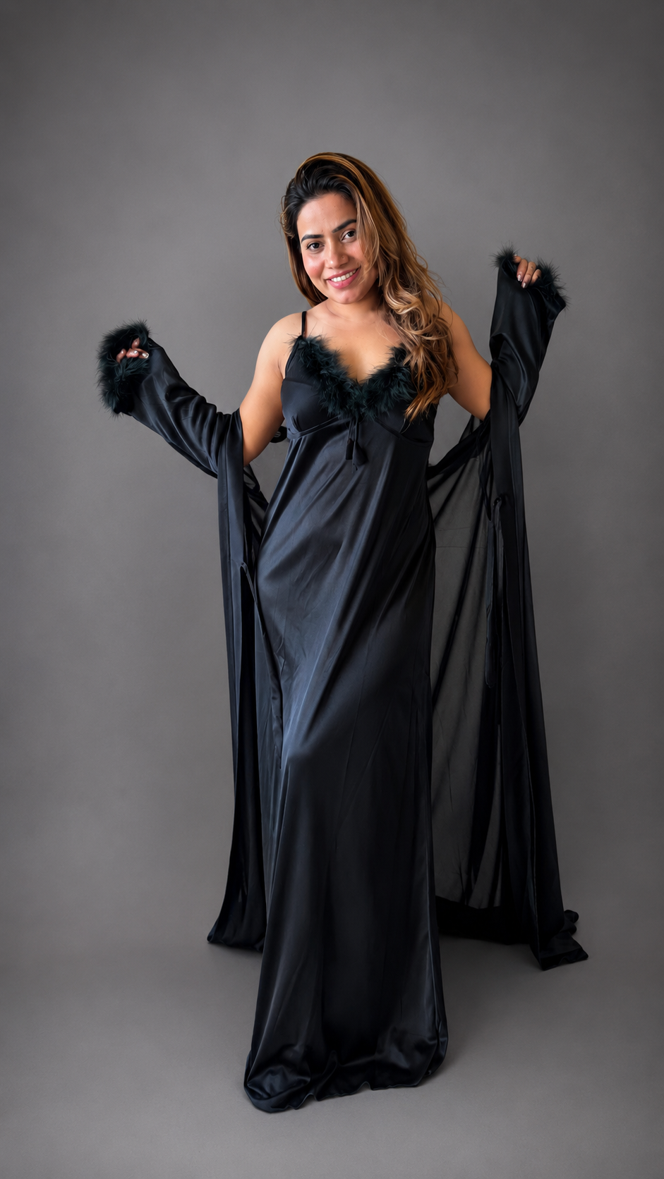 Feather Trim Satin Nightgown with Robe
