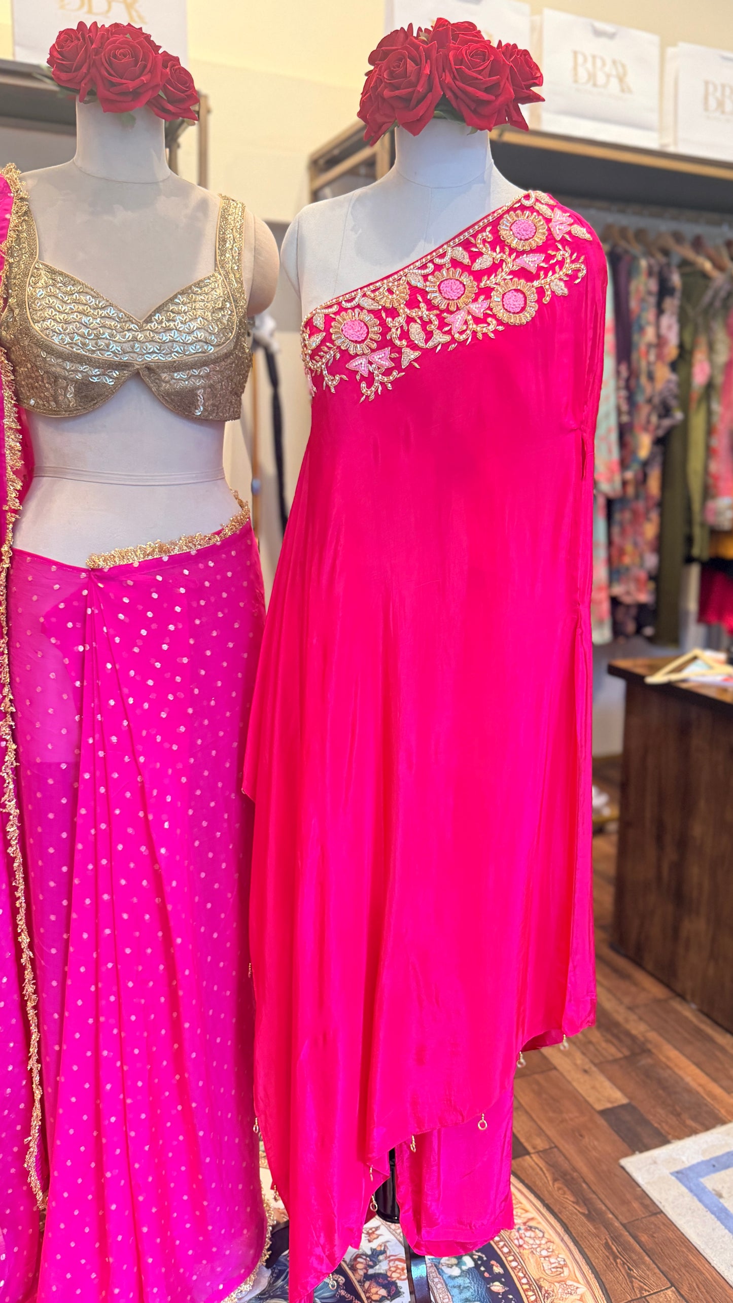 One-Shoulder Embroidered Draped Set | Blush Pink Sunset & Fuchsia Luxe Edit